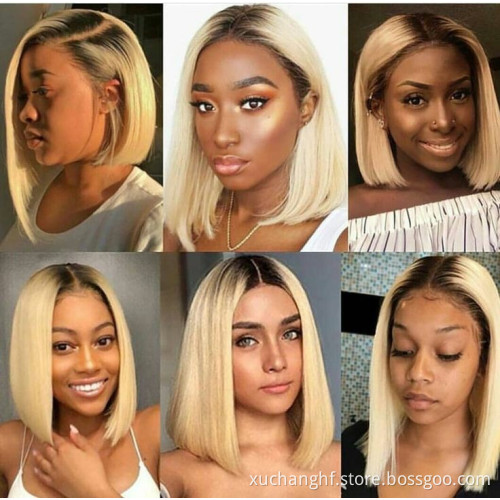 HD 613 Transparent Blonde Human Hair Full Lace Wig, Ombre Bob Half Lace Front Wig Human Hair, Blonde 613 Hd Lace Frontal Bob Wig